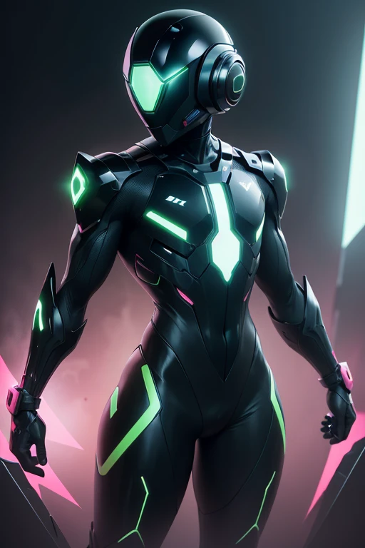 Dronificated unknown man in a fully enclosed black latex fullbody suit with (((green))) lights across the suit and heart shaped glowing core in the chest, fully enclosed cyber helmet that cover her whole face and hides his identity with only two glowing pink lines in it's otherwise, empty black face, flat chest, muscular, tall, in a storage, no face, no hair, no mouth, no eyes