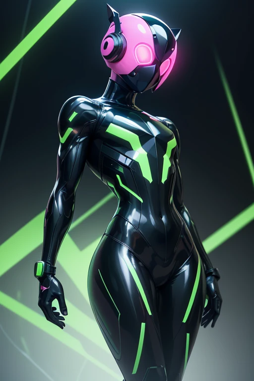 Dronificated unknown man in a fully enclosed black latex fullbody suit with (((green))) lights across the suit and heart shaped glowing core in the chest, fully enclosed cyber helmet that cover her whole face and hides his identity with only two glowing pink lines in it's otherwise, empty black face, flat chest, muscular, tall, in a storage, no face, no hair, no mouth, no eyes