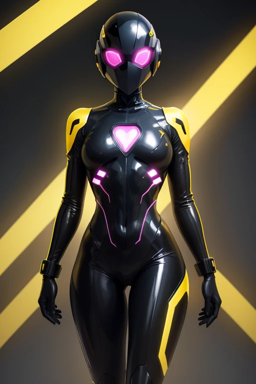 Dronificated unknown man in a fully enclosed black latex fullbody suit with (((yellow))) lights across the suit and heart shaped glowing core in the chest, fully enclosed cyber helmet that cover her whole face and hides his identity with only two glowing pink lines in it's otherwise, empty black face, flat chest, muscular, tall, in a storage, no face, no hair, no mouth, no eyes