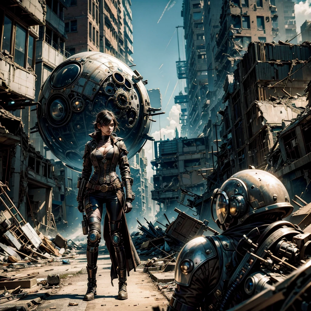 a woman in a steampunk ordinary futuristic technological uniform wanders among the rubble of a destroyed alien city in a planet,after the battle, in the background you can see a destroyed alien spaceship