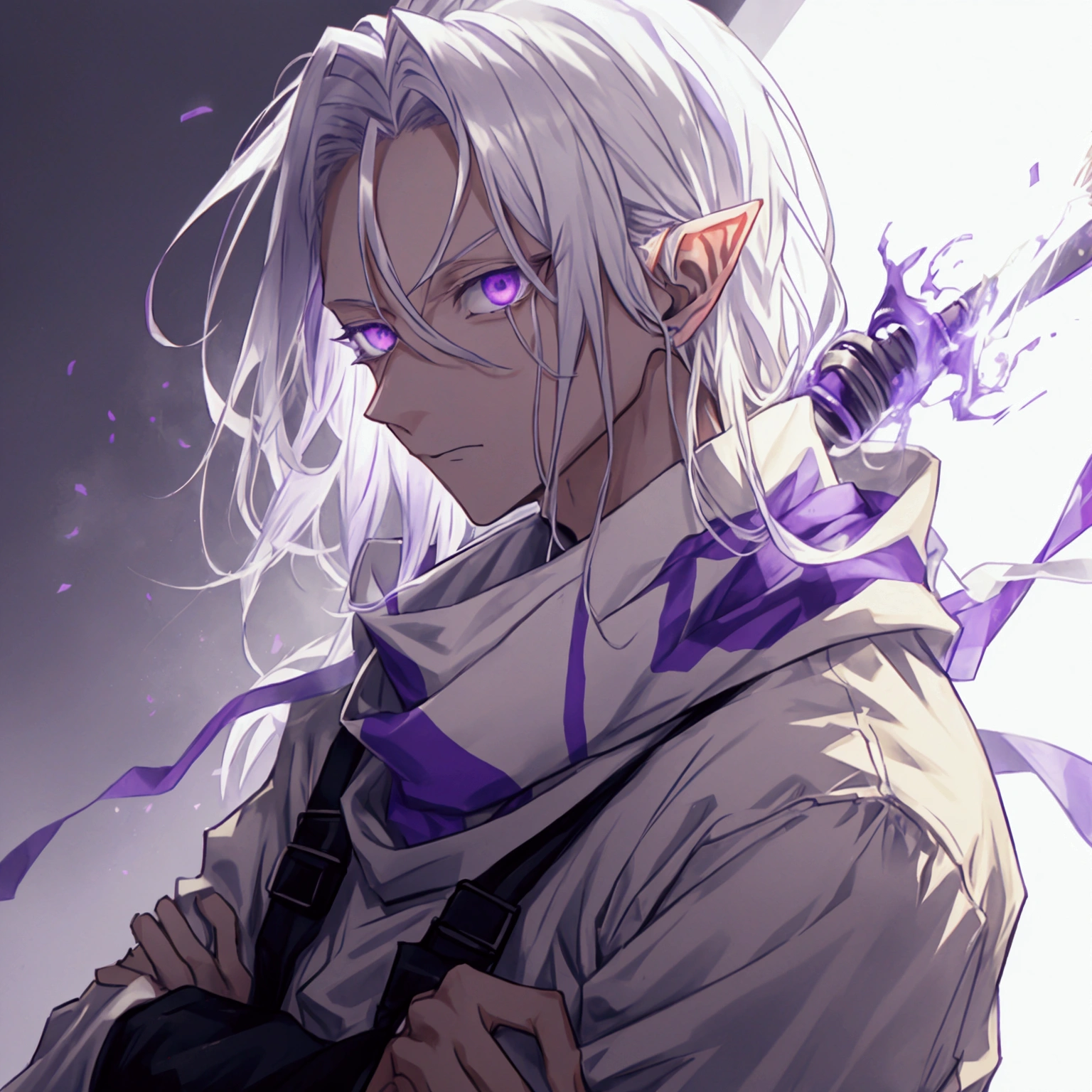 chainsaw man: A man with silver hair that reaches his shoulders, with detailed purple eyes and elf ears, he wears a white scarf and white clothes