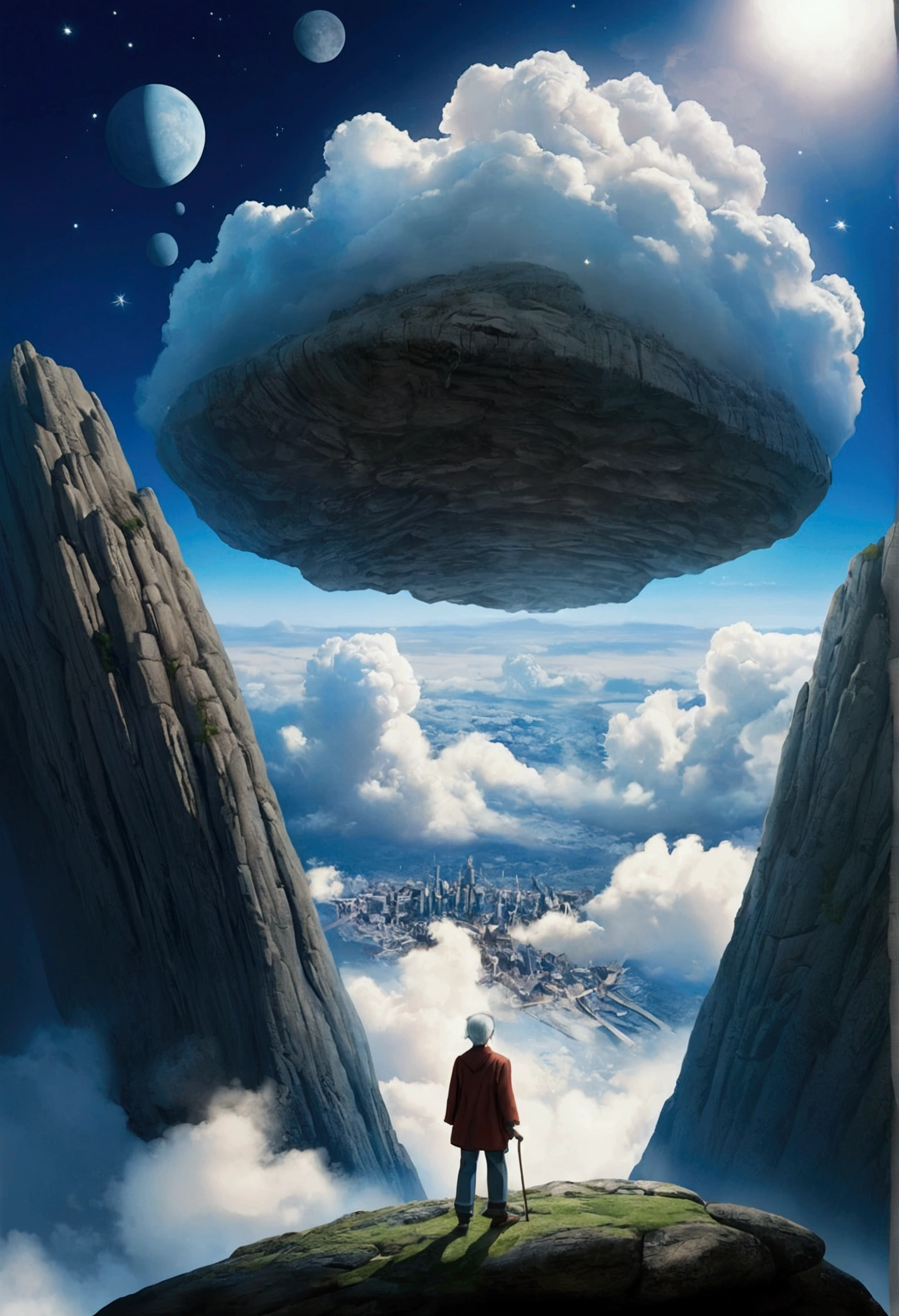 dynamic viewing angle，（levitating：1.5），（A futuristic city floating on a huge rock in space：1.3），mirai，（Thick clouds under rocks：1.4），in style of hayao miyazaki，Rejoice，Perfect quality，Clear focus（Clutter - home：0.8）， （tmasterpiece：1.2）， （realisticlying：1.2） ，（Bokeh：0.5）， （best qualtiy）， （detailedskin：1.3） ，（complexdetails）， （8K）， （detailedeyes） ，（Sharp focus），,（having fun），（Award-winning digital artwork：1.3） af （sketching：1.3），（with dynamism：1.3）,studiolight,Theme