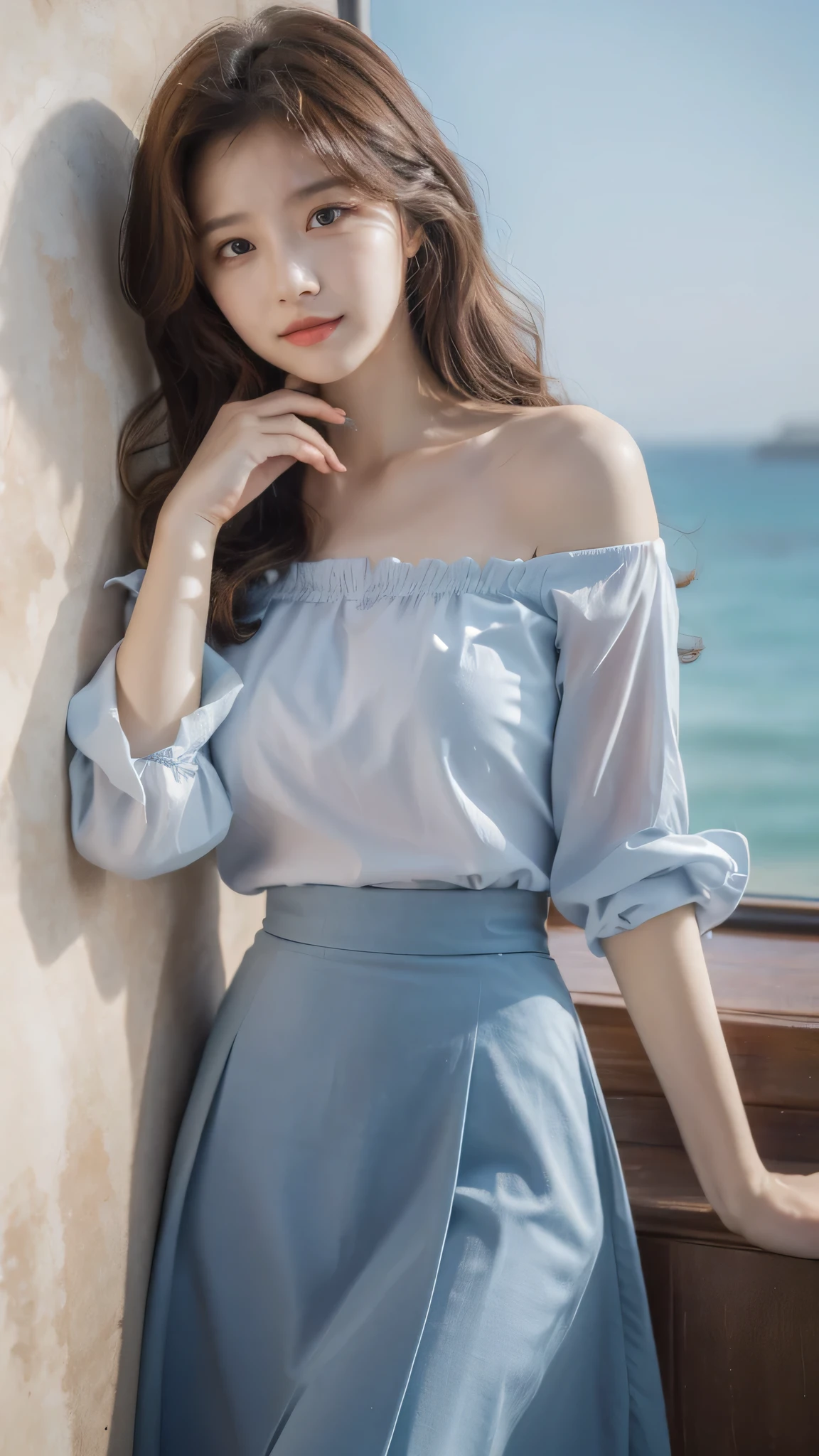 detailed background, masterpiece, best quality, 1 person , curly hair, long hair, purple eyes, star in eye , light blue color Strapless blouse, long skirt