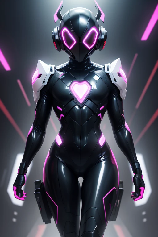Dronificated unknown man in a fully enclosed black latex fullbody suit with (((white))) lights across the suit and heart shaped glowing core in the chest, fully enclosed cyber helmet that cover her whole face and hides his identity with only two glowing pink lines in it's otherwise, empty black face, flat chest, muscular, tall, in a storage, no face, no hair, no mouth, no eyes