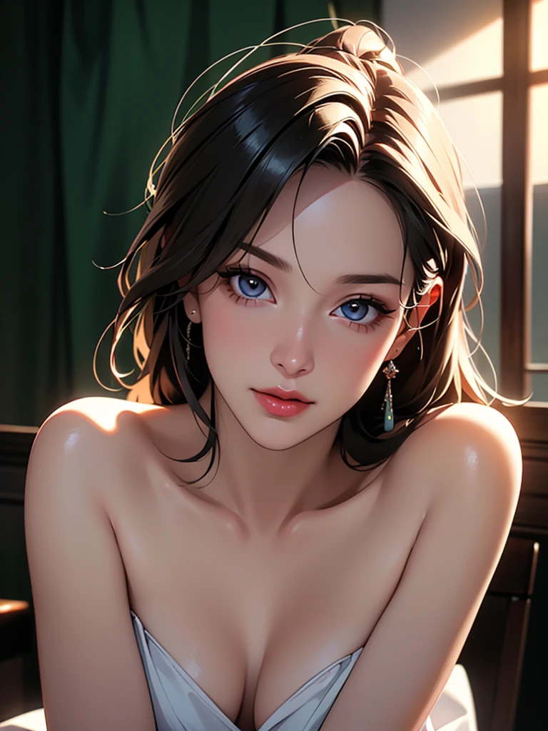 "(Best quality, a high resolution, masterpiece:1.2), ultra detailed, (realistic, photo-realistic:1.37), Fluorescent colors, 1 girl, interaction with the audience, Beautiful face, stunning eyes, (Baring your shoulders:1.2), head up, upper body, the forest, бthe forestтящие волосы, Radiant skin, illuminated contour lines, bright colors, Harmonious lighting", photorealistic, 4K, 8 K