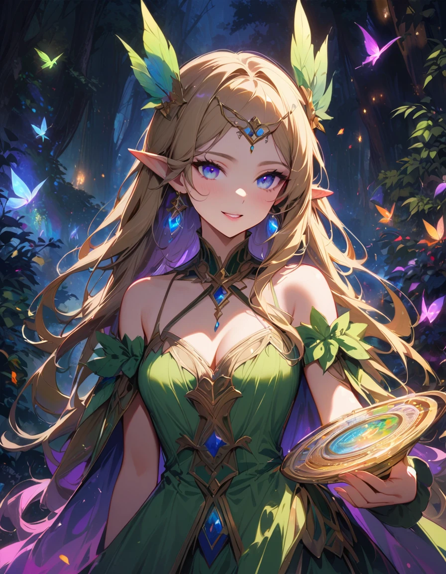 Detailed textures, high quality, high resolution, high accuracy, realism, color correction, correct lighting settings, harmonious composition. the cover of the art book "Harlequin dreamer" in an elf costume on a futuristic background, 1 girl, chest, golden hair, green dress, elf ears, mystical beauty, bow and arrow in hand, smile, parted lips, mystical eyes, jewelry, earrings, solo, neckline, curvaceous, looks at spectator, sexy dress, stands in a mystical forest, fantasy forest, night lights,at night, ef, Artoria custer (third ascension), Magic circle, Circle mantra, fantasy, white hell