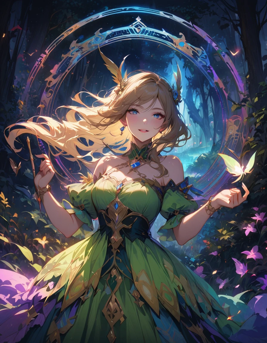 Detailed textures, high quality, high resolution, high accuracy, realism, color correction, correct lighting settings, harmonious composition. the cover of the art book "Harlequin dreamer" in an elf costume on a futuristic background, 1 girl, chest, golden hair, green dress, elf ears, mystical beauty, bow and arrow in hand, smile, parted lips, mystical eyes, jewelry, earrings, solo, neckline, curvaceous, looks at spectator, sexy dress, stands in a mystical forest, fantasy forest, night lights,at night, ef, Artoria custer (third ascension), Magic circle, Circle mantra, fantasy, white hell