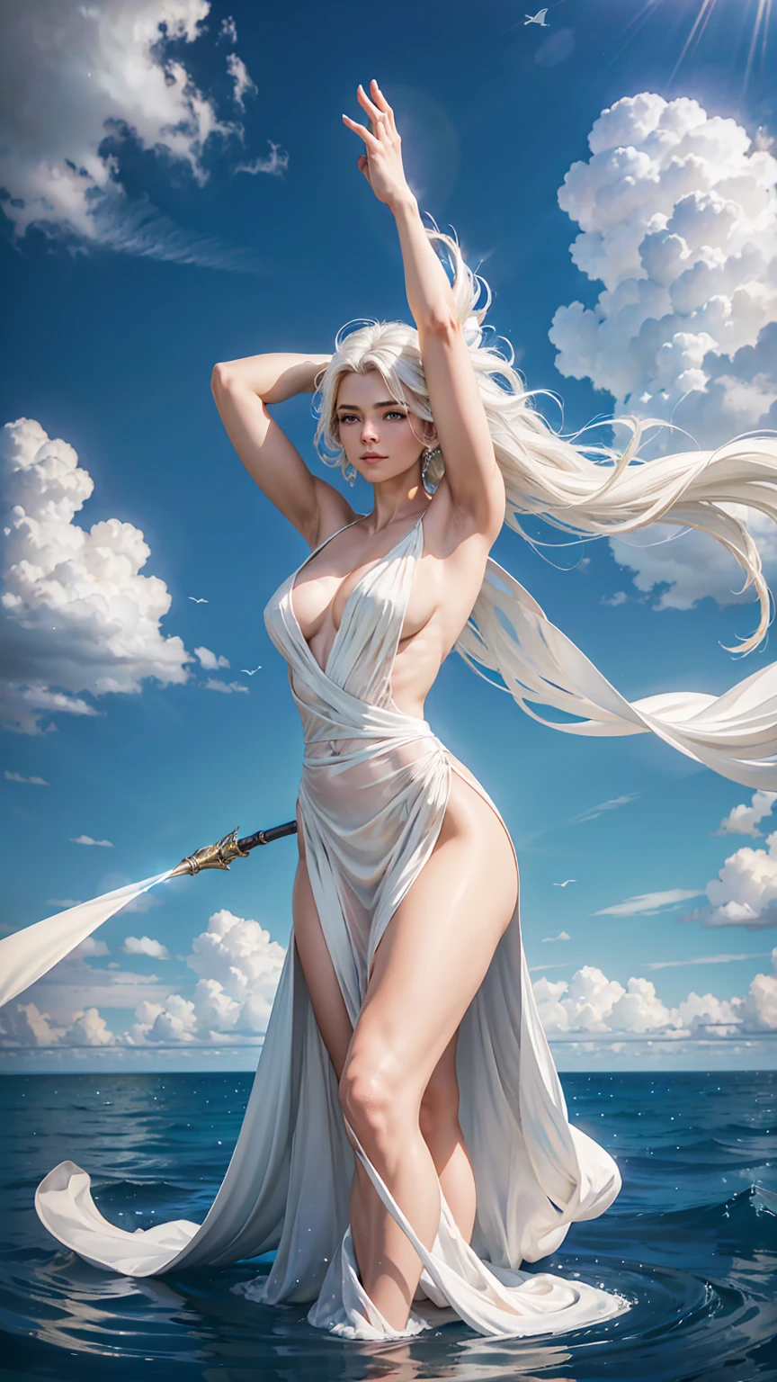 A stunningly beautiful woman with long, flowing white hair, drifting gracefully through the clouds. Her ethereal gown, in shades of white and pale blue, shimmers with a soft glow as she commands the element of air. She floats effortlessly high in the sky, surrounded by delicate wisps of cloud that swirl around her in response to her presence. Her eyes are a striking, luminous blue, reflecting her mastery over the skies and the serene power she wields. Her arms extend gracefully, guiding the movement of the wind with fluid, elegant motions. The background is a breathtaking expanse of clear blue heavens, with the clouds forming dynamic patterns around her. The scene is rendered in a photorealistic, hyper-realistic 8k style, with soft, diffused lighting that enhances the ethereal quality of her presence. The image is both serene and majestic, featuring gentle colors, vibrant HDR, and lighting that highlights the delicate textures of the clouds and the graceful movement of the air.