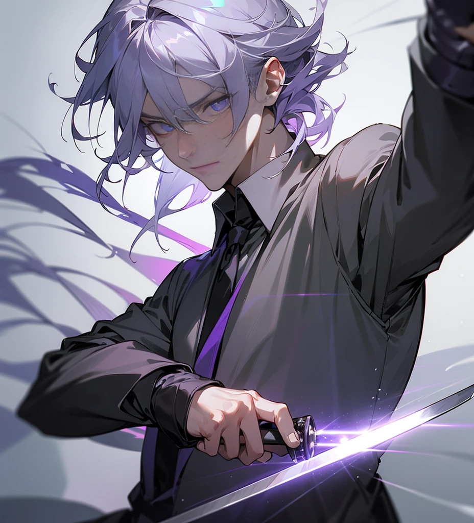 Elegant man, mature face, cold face, purple pupils, detailed eyes, perfect eyes, perfect face, silver hair, detailed hair. (top quality, 8k, high, masterpiece), holding a sword, standing proudly, gray shirt, holding a sword, sword, weapon, best quality, best resolution, black aura, best lighting.