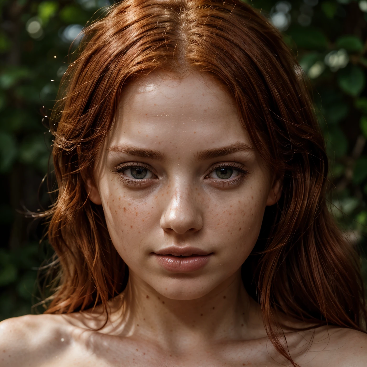 a woman with red hair and green leaves, hyper-realistic skin, shiny/glossy, modern jewelry, gongbi, portraiture, dark teal and light gold, tropical landscapes, Face portrait photo oF a 21-year-old German woman, .raw, beautiFul woman, half strawberry lips, Fossettes, nostalgic look, green eyes, great student, Large eyelashes, (Brown extra long wavy hair), ((detailed Face)), ((detailed Facial Features)), (Finely detailed skin), red skin, (Deep neckline detailing high-tech cyberpunk dress), Cyberpunk Cyberpunk big city environment, (cold colors), moist, moist, reFlections, (masterpiece) (height ratio / perfect width) (photo realist) (best quality) (detailed) Shot with Canon EOS R5, ObjectiF 50mm, F/2.8, human development report, (8k) (wallpaper) (light) (Dramatic Light) (sharp focus) (complicated)