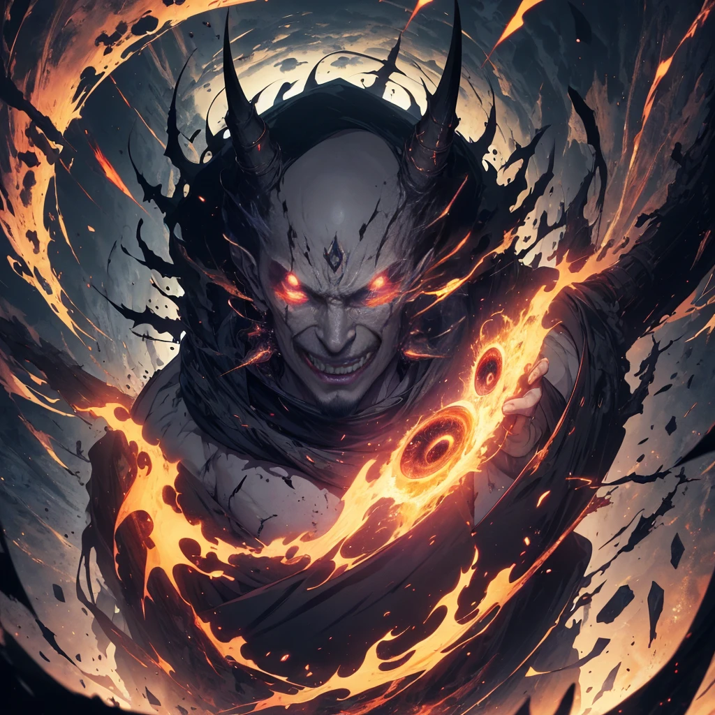 (absurdities, High resolutions, Ultra detailed, HDR), masterpiece, Best quality, Bald man sits on Demon with giant eye, with an arrogant look, only, rude man, Demon Eye, Giant Eye, Abominable, black demon wing, demon horn, Beautiful, Red eyes, bright eye, black robe, Earrings and accessories, bare chest, arrogant face, whole body, magic vortex, a spark, whirlpool, Black Aura, black and cloudy sky, abyss, abstract background, On the one hand, search, evil smile