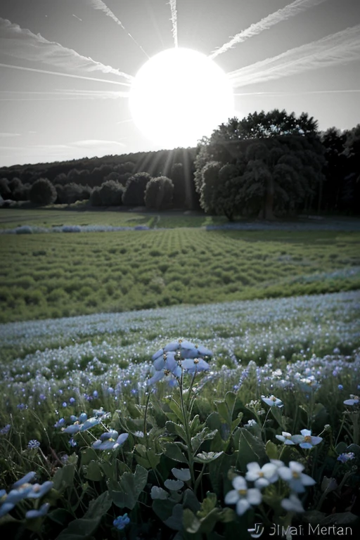 Illustration for a children's book in black and white color
image of a beautiful delicate flower of the forget-me-not in a field, which leaves stretch to the bright sun in the daytime