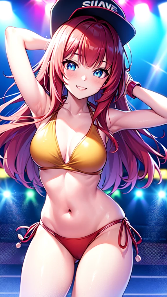 +sparkle+ 1_girlsolo, anime girl, long red hair, short bangs, baseball cap, blue bikini headphones, beach lighting,stage,(best quality:1.2),(ultra-detailed:1.2),(realistic:1.37),HDR,vivid colors,portraits, figure,headphone girl,anime style, atmosphere,techno music,electronic dance music,festival vibes,hip hop beats,festival outfit,energetic dance moves,expressive eyes,hairstyle with vibrant colors,neon lights,beaming smile,positive vibes,high-energy performance,stylized backgrounds,colorful visuals,excitement in the air, dancing, arms behind head