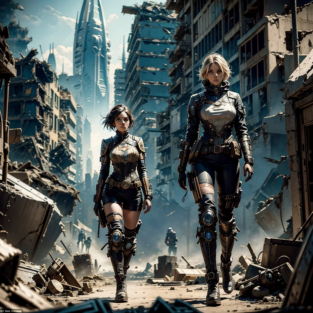 
a woman in a steampunk ordinary futuristic technological uniform wanders among the rubble of a destroyed alien city in a planet,after the battle, in the background you can see a destroyed alien spaceship, iperrealistic,detailed, cinematic 