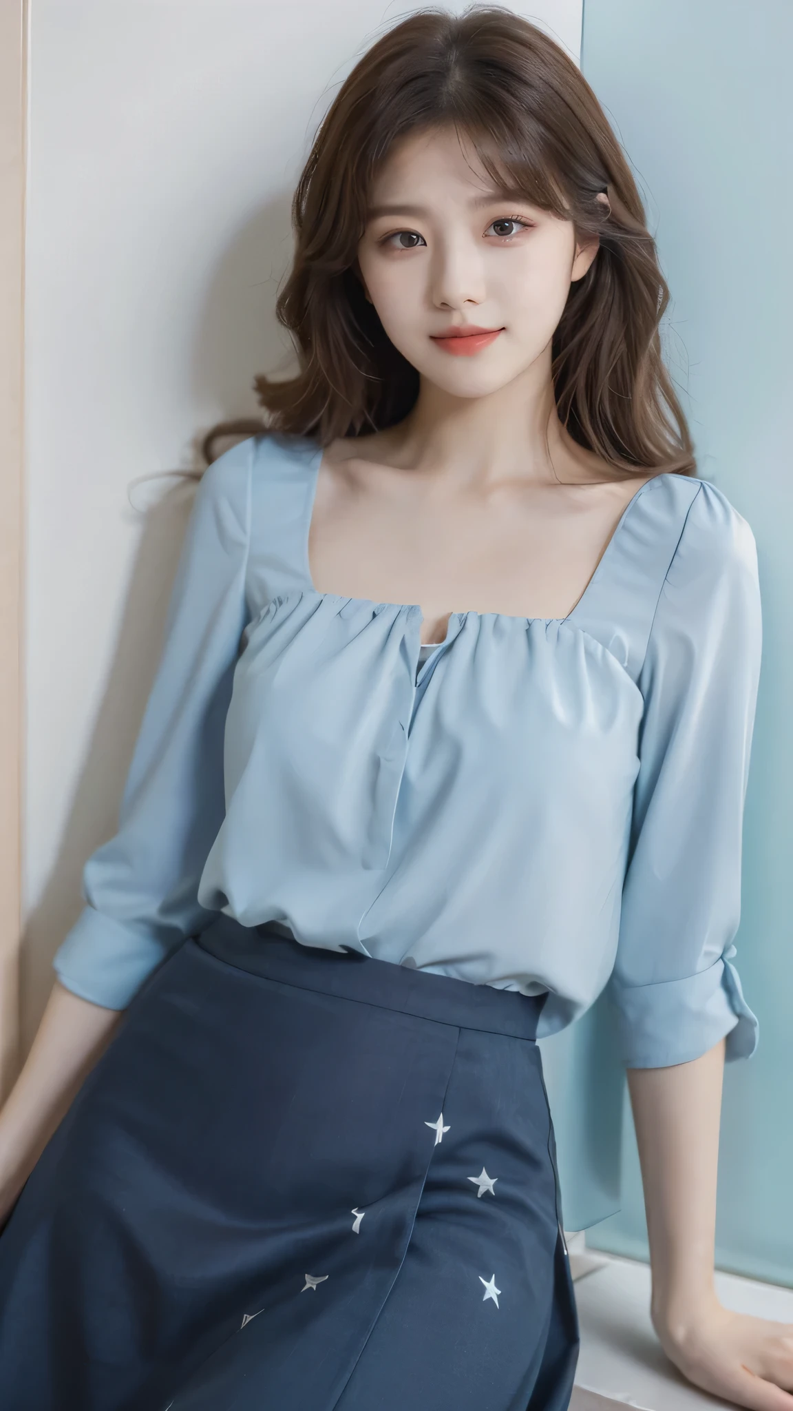 detailed background, masterpiece, best quality, 1 person , curly hair, long hair, purple eyes, star in eye , light blue color Strapless blouse, long skirt