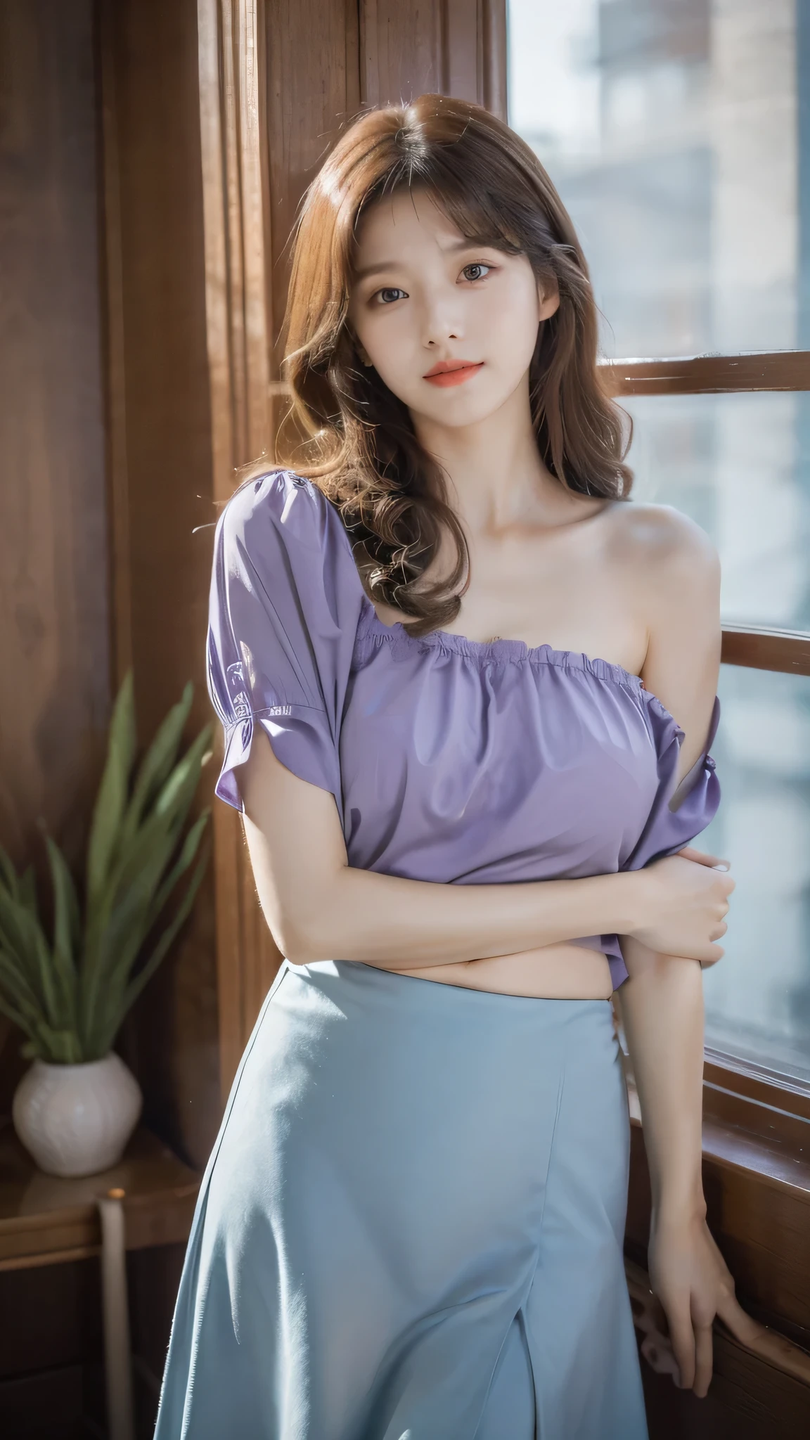 detailed background, masterpiece, best quality, 1 person , curly hair, long hair, purple eyes, star in eye , light blue color Strapless blouse, long  skirt 