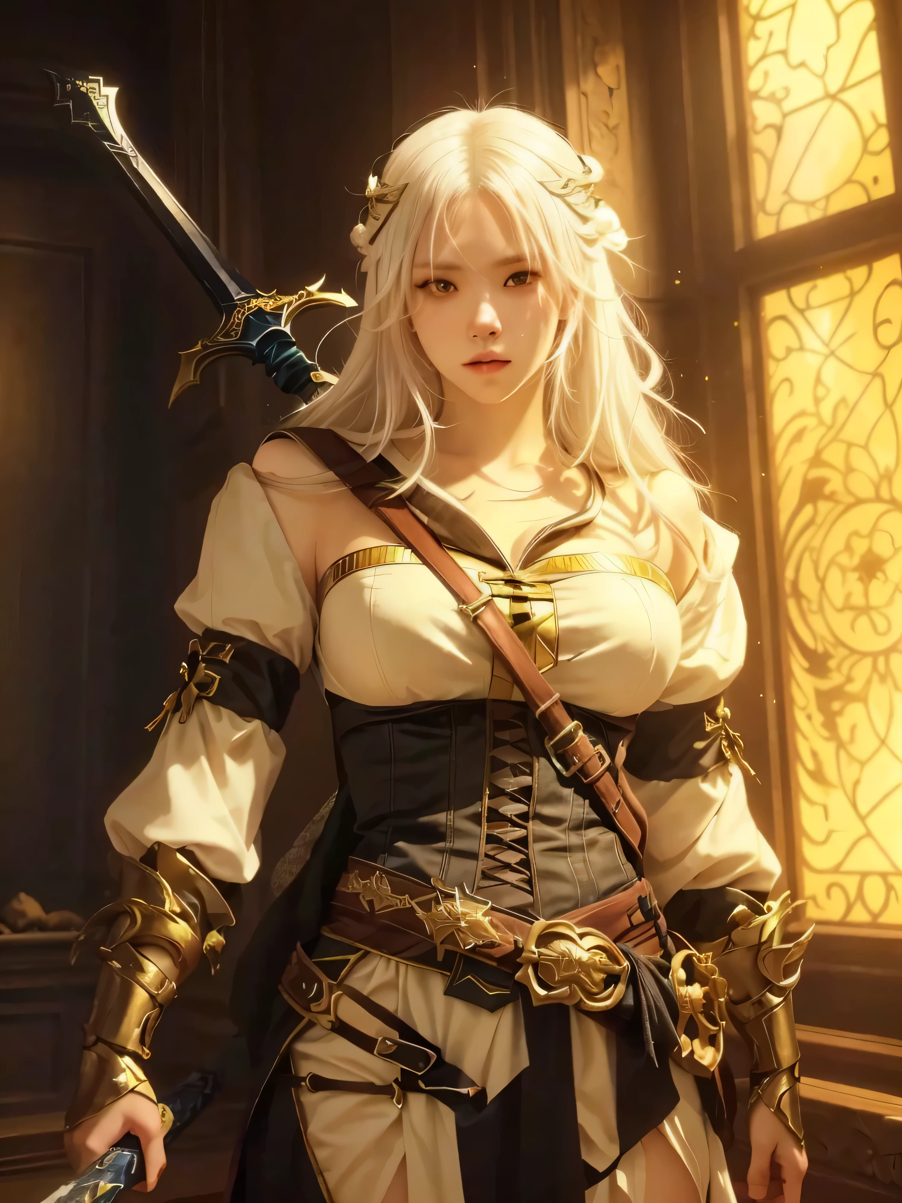 a woman with white hair and a sword in a room, feature, feature from the Sorcerer, feature holding a cat, Sorcerer)), from Sorcerer (2021), the Sorcerer concept art, awesome character art, Detailed anime character art, Sorcerer, Exquisite and epic character art., mother of Sorcerers, guweiz style artwork, the Sorcerer