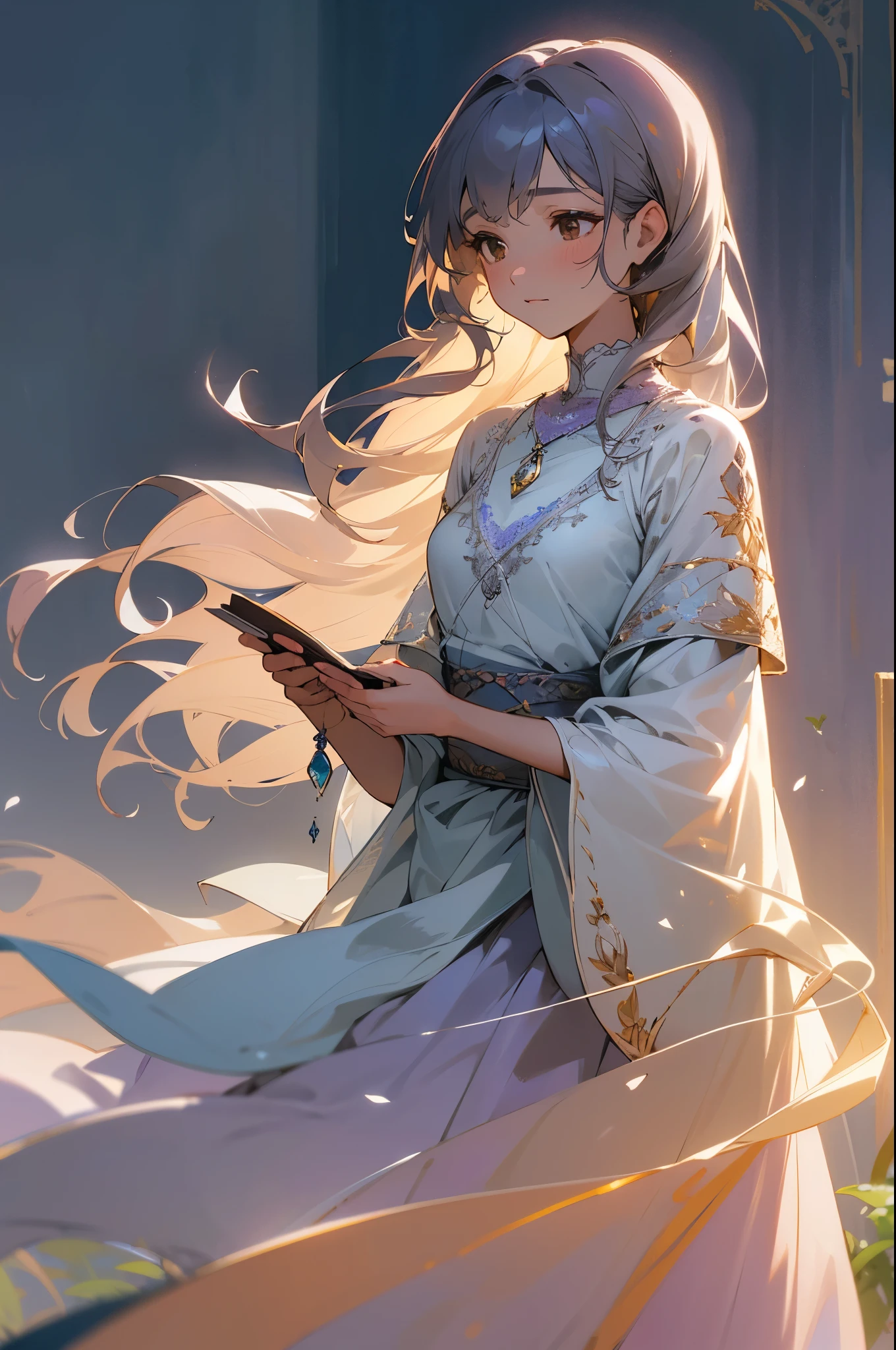 Lavender gray skin, brown eyes, graceful young woman, thoughtful look, dawn, 8k resolution, serene botanical garden, soft morning light, long hair, elegant wrap top with delicate embroidery and a flowing fabric, reflective expression, moonstone pendant, slender build, no scars, holding a sketchbook.