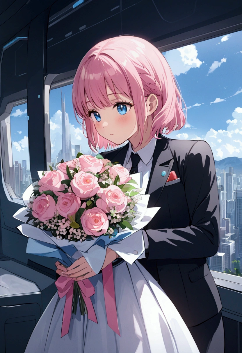 Proposal、bouquet、Girl with pink hair、blue eyes、Twin Drill、A scene from a movie