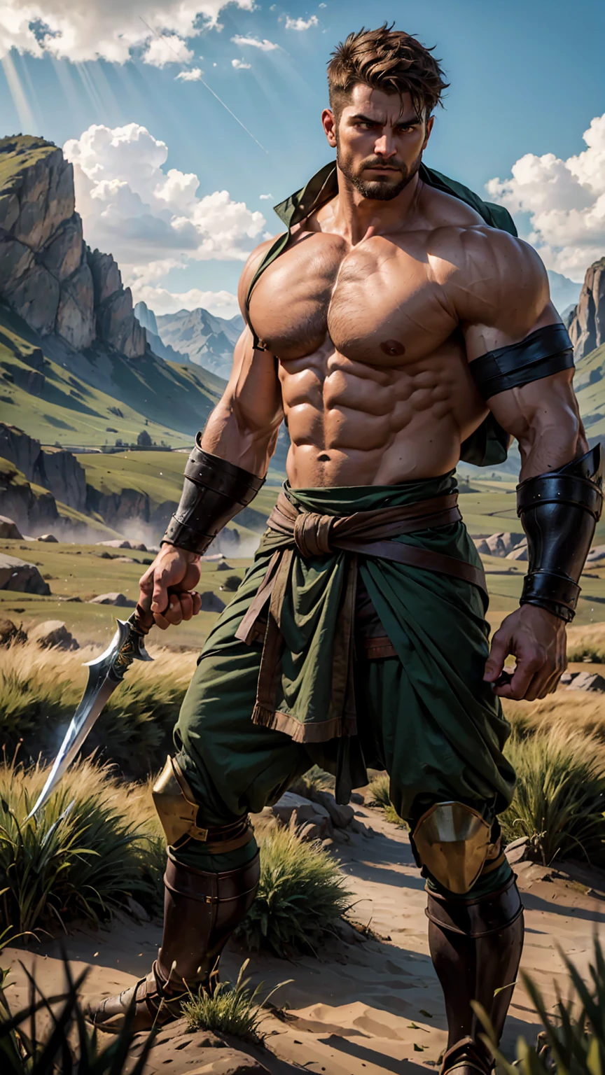 A robust, muscular warrior with entirely brown hair, dressed in green and black attire. He stands powerfully in the middle of a vast, rugged field, surrounded by the raw, natural beauty of the terrain. His massive, clenched fists are the only weapons he needs, showcasing his formidable strength and his connection to the earth. The ground beneath him appears to be shifting and responding to his presence, with subtle tremors and movements in the soil emphasizing his control over the element. His stance is firm and commanding, with his eyes glowing with a deep, earthy intensity that highlights his mastery of earth magic. The scene captures a dramatic and imposing presence, with the background displaying a rugged field, partially disturbed by the warrior’s earth manipulation. The image is rendered in a photorealistic, hyper-realistic 8k style, with studio lighting, featuring rich, natural colors, detailed textures of the soil, and dramatic lighting that accentuates the warrior's raw power and connection to the earth.