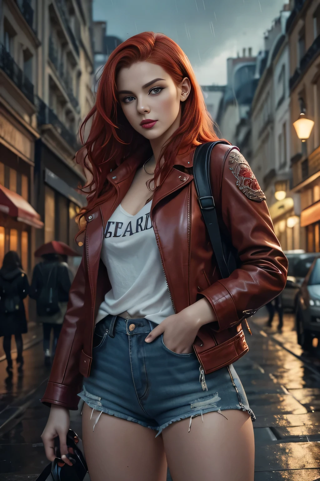 A redheaded girl 18 years old, vivacious and beautiful, in the rain. Her charming light red hair falls over her shoulders in thick waves. She has fair skin tone. Wet face,Beautiful eyebrows. Round face, red lips. short brown leather jacket, metal decorations, backpack on the back, ripped jeans, a Paris street at night, happy, Eccentric. Official art, award-winning digital painting, digital illustration, extreme details, 4k, Ultra fashion,detailed, intricate, realistic fantasy art, soft focus, concept art.8k.