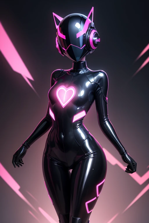 Dronificated unknown girl(10 years old) in a fully enclosed black latex fullbody suit with pink lights across the suit and heart shaped glowing core in the chest, fully enclosed cyber helmet that cover her whole face and hides her identity with only two glowing pink lines in it's otherwise, empty black face, flat chest, narrow waist, wide hips and thick thigs in a storage, no face, no hair, no mouth, no eyes