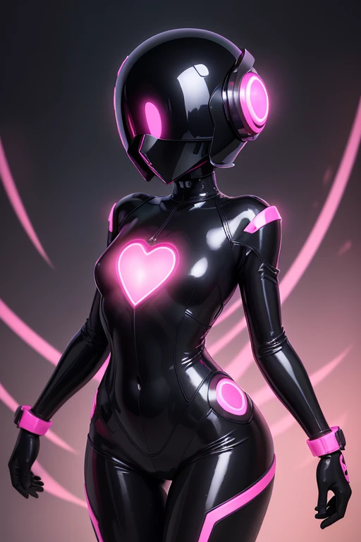 Dronificated unknown girl() in a fully enclosed black latex fullbody suit with pink lights across the suit and heart shaped glowing core in the chest, fully enclosed cyber helmet that cover her whole face and hides her identity with only two glowing pink lines in it's otherwise, empty black face, flat chest, narrow waist, wide hips and thick thigs in a storage, no face, no hair, no mouth, no eyes