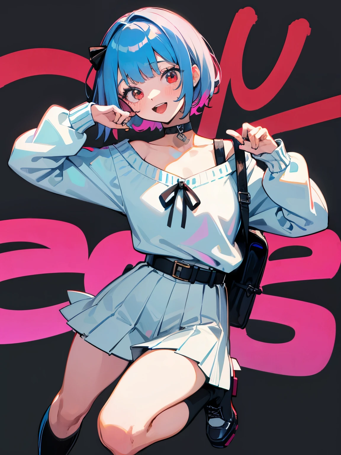 (masterpiece, best quality, absurdres, very detailed eyes), 1girl, solo, solofocus, cyan hair, short hair, red eyes, bangs, closeup, teenager, cyberpunk, 20 year old ? 1girl 6745020? :d 460173? arm up 184507? 17837? backpack 72921? bag 214003? belt 329695? black choker 122343? black footwear 244471? black ribbon 114658? black sweater 17932?  115667? blue bag 2416?  941806? blue nails 41762? blue sweater 9678? blush 3447543?  4307333? choker 387982? clothes writing 39078? collarbone 792451? fingernails 168575? hair ribbon 580763? hand to head 1161? head tilt 135194? 25261? 152527? leg warmers 9209? 4490918? long sleeves 1273001? looking at viewer 3391778? 97817? miniskirt 254961? 4163? multicolored clothes 51695? multicolored sweater 215? nail polish 314450? open mouth 2541906?  173671? pink belt 2658? pleated skirt 449194? print sweater 697? ribbon 1055192? shoulder strap 2090? sidelocks 521261? 1835845? skirt 1531816?  584023? smile 2926780? solo 5236026? sweater 184943? sweater partially tucked in 41? 503065? tongue 494365? 974554?  904934? white leg warmers 855? white skirt 81687 simple background white background