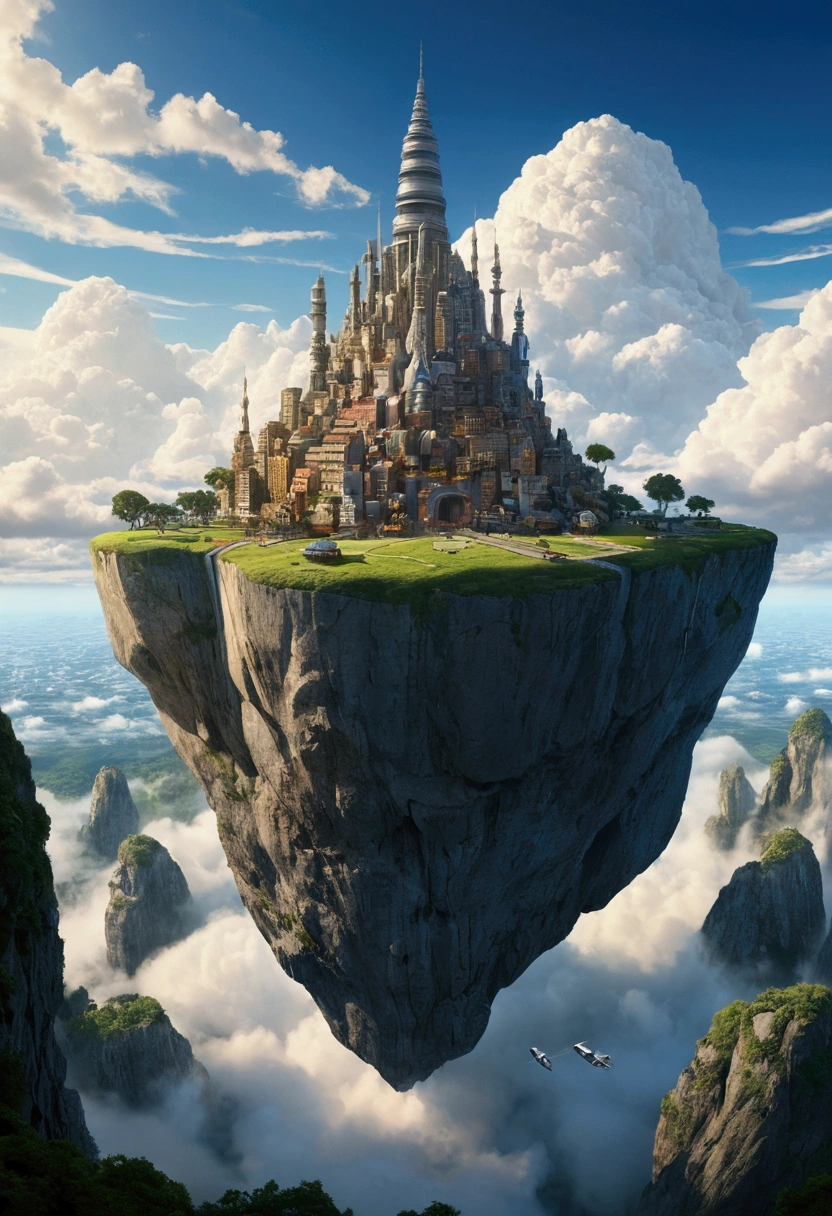 dynamic viewing angle，（levitating：1.5），（A futuristic city floating on a huge rock in space：1.3），mirai，（Thick clouds under rocks：1.4），in style of hayao miyazaki，Rejoice，Perfect quality，Clear focus（Clutter - home：0.8）， （tmasterpiece：1.2）， （realisticlying：1.2） ，（Bokeh：0.5）， （best qualtiy）， （detailedskin：1.3） ，（complexdetails）， （8K）， （detailedeyes） ，（Sharp focus），,（having fun），（Award-winning digital artwork：1.3） af （sketching：1.3），（with dynamism：1.3）,studiolight,Theme