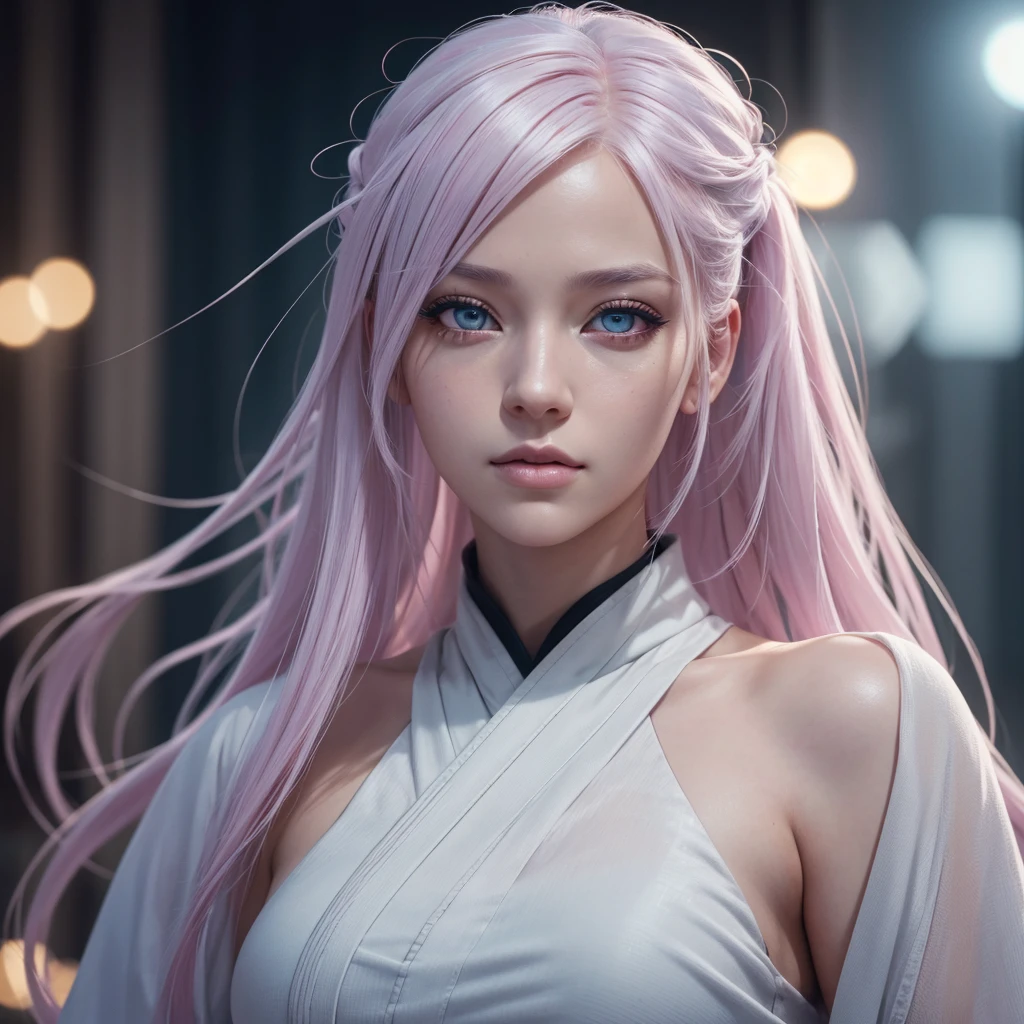 a girl with light white pink hair, beautiful detailed eyes, beautiful detailed lips, extremely detailed eyes and face, long eyelashes, wearing jujutsu kaisen clothes, (best quality,4k,8k,highres,masterpiece:1.2),ultra-detailed,(realistic,photorealistic,photo-realistic:1.37),studio lighting,ultra-fine painting,sharp focus,physically-based rendering,extreme detail description,professional,vivid colors,bokeh,digital art