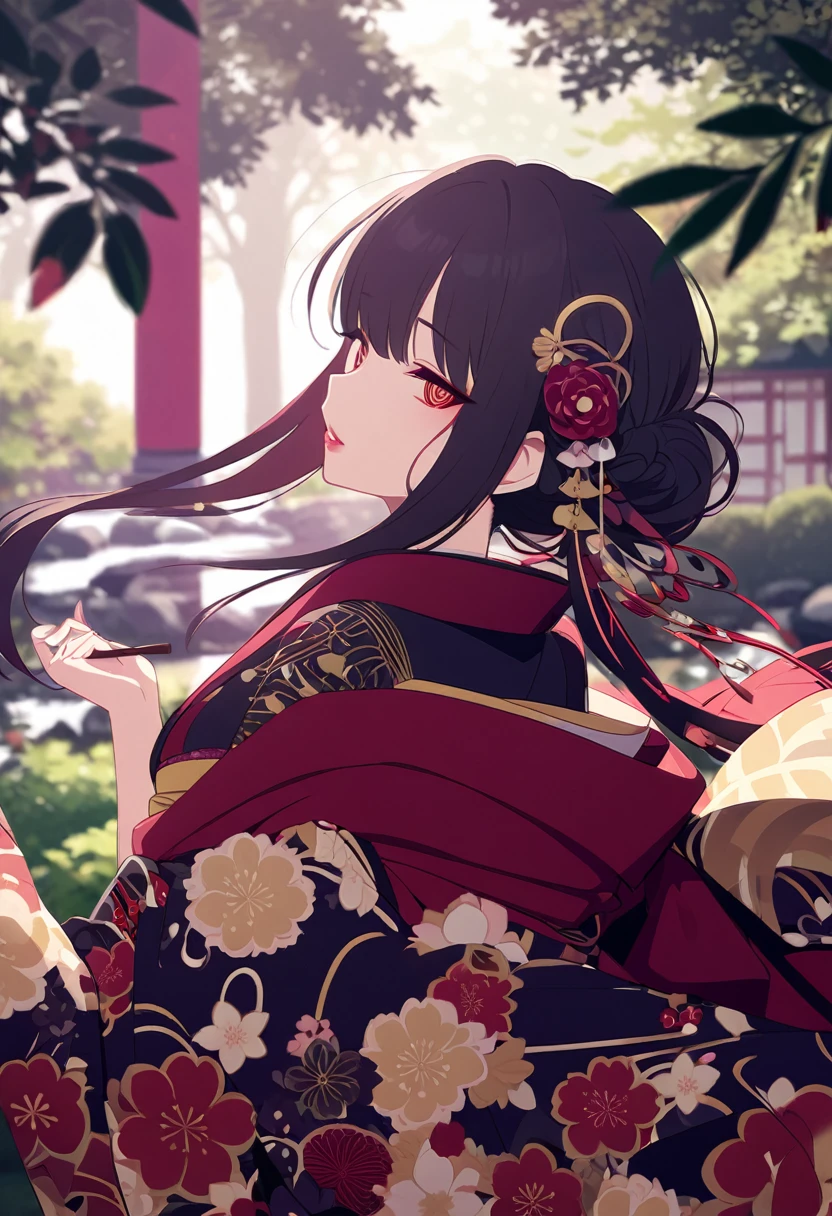 Standing in the middle of a lush forest、Stunningly beautiful Japanese girl, Green Garden. Her long, Her silky black hair cascades gently down her back, Decorated with colorful flower hairpins. She is wearing a traditional Japanese kimono., The deep red and gold hues complement her flawless skin. The kimono is decorated with intricate patterns and embroidery., Accentuating her delicate curves. Her almond-shaped eyes are delicately made up, Her lips are painted dark red.