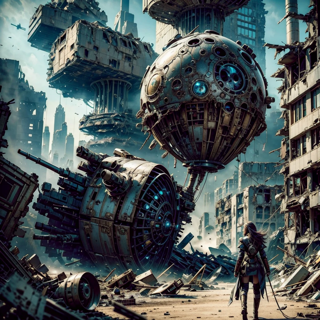 a woman in a steampunk ordinary futuristic technological uniform wanders among the rubble of a destroyed alien city in a planet,after the battle, in the background you can see a destroyed alien spaceship, iperrealistic,face detailed, cinematic