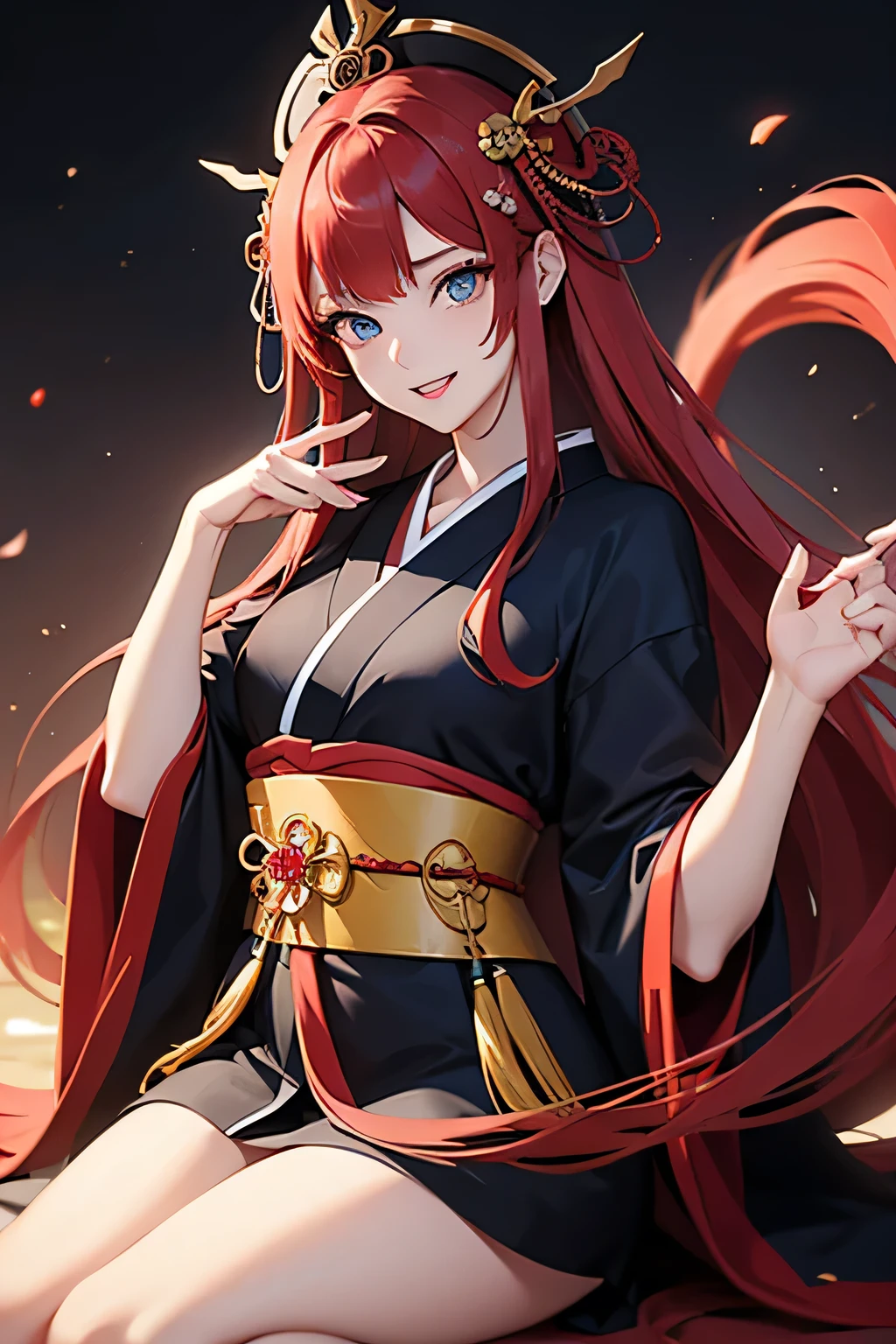  1 beautiful girl with pieces 　Shows up to the waist　 short　Baby Face　 golden long hair　 princess cut　Red eyes　Bright smile　Kunoichi　 female ninja in quest　white and yellow ninja clothes 