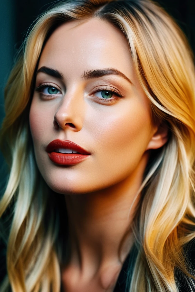 Create a realistic Photo of a European girl, raw, Beautiful a 29-year-old woman facing the camera. She has a noticeable and magnetic presence. Her eyes should be  similar to Margot Robbie's, Her eyes should be a dark deep green color,. Her jawline should resemble those of Sharon Stone, her brows hould resemble those of Monica Bellucci, her lips hould resemble those of Angelina Jolly. Lips closed
Her hair is long white blond with a pearly sheen.
 (Extra long wavy blonde hair), , 
((Detailed face:1.2)), 
((detailed facial features)), 
(finely detailed skin),
 pale skin,
 
 Closeup portrait, Surreal, amazing quality, masterpiece, best quality, awesome, inspiring, a light smiling amused woman with hair over her eyes. cinematic composition, soft shadows, 
atmospheric haze, Film grain, cinematic film still, shallow depth of field, highly detailed, high budget, cinemascope, moody, epic, OverallDetail, 2000s vintage RAW photo, photorealistic, candid camera, color graded cinematic, atmospheric lighting, imperfections, natural, shallow 