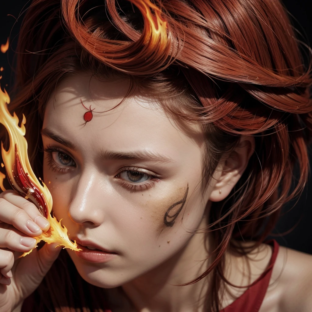 (((Masterpiece))),((top quality)),one beautiful Japanese girl,Pale, (A character who personifies flame: 1.5), (hair red flame:1.5)、(((Hair is like a raging fire:1.5)))、(belly button)、(A glimpse of white skin can be seen through the flames that cover the body.:1.5),(plain clothes), (skin revealing),(Background is dead tree 1.5).(((from the front:1.5)))、(straight front: 1.5)、(((lie down:1.5)))