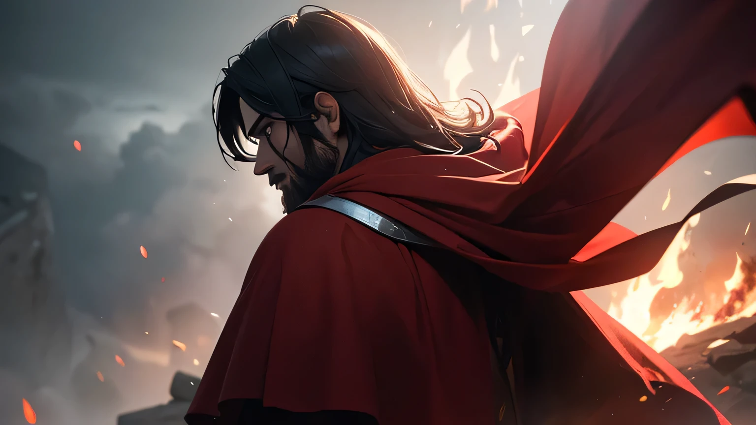 JESUS AS WARRIOR WITH RED CAPE, seen from behind, SHINING in complete darkness, with aura of fire covering him with power, (best quality, 4k, 8k, high resolution, masterpiece: 1.2), ultra-detailed, (realistic, photorealistic , photorealistic: 1.37), highly detailed face, hyperrealistic, dramatic lighting, moody atmosphere, cinematic composition, muted color palette, chiaroscuro lighting