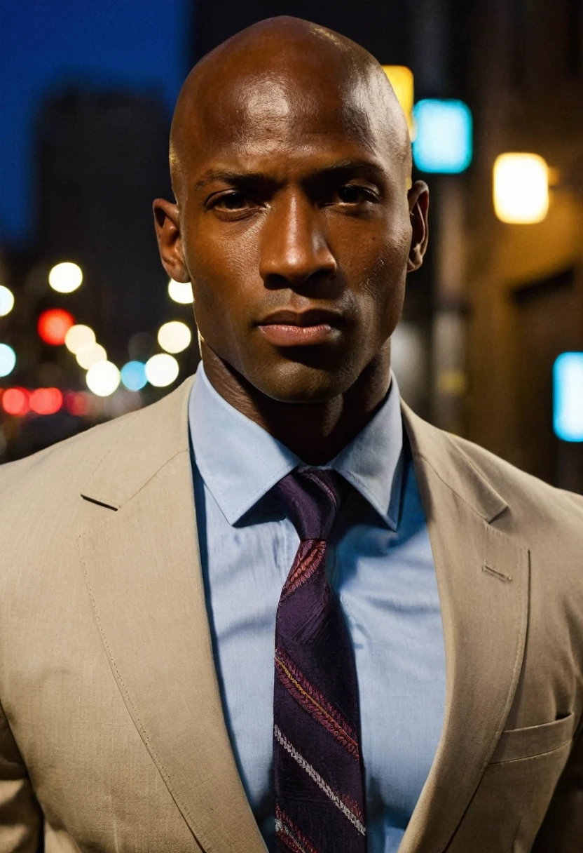 (score_9), (score_8_up), (score_7_up), (score_6_up), (score_5_up), (score_4_up)
A handsome muscular bald dark-skinned African+ (black man)+, alert, wearing a suit with an open_collared_shirt, on a city street at night.
(Perfect face, expressive eyes)++
Gritty, noir
rating_safe+, source_anime+, source_shindol+