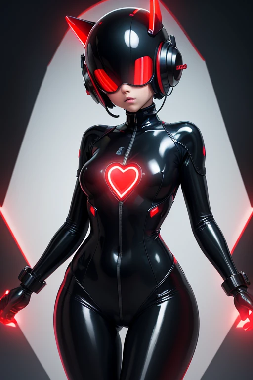Dronificated unknown girl() in a fully enclosed black latex fullbody suit with red lights across the suit and heart shaped glowing core in the chest, fully enclosed cyber helmet that cover her whole face and hides her identity with only two glowing red lines in it's otherwise, empty black face, flat chest, narrow waist, wide hips and thick thigs in a storage, no face, no hair, no mouth, no eyes