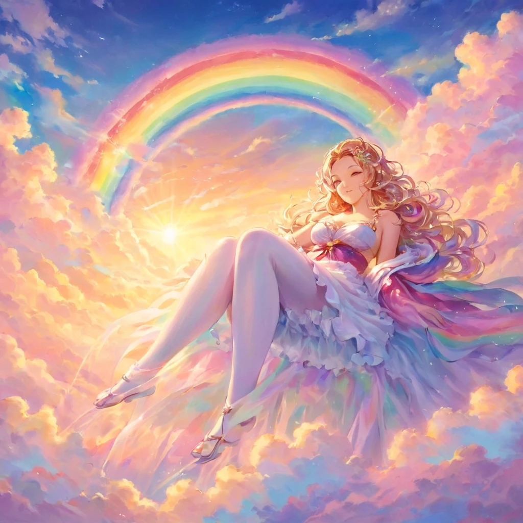 A stunningly ethereal woman, composed of a dazzling array of rainbow hues, reclines gracefully at the end of a radiant rainbow amidst the fluffy clouds in the sky. Bathed in dynamic and enchanting lighting, accentuates her vibrant, full-bodied form. Fantasy art. Masterpiece 