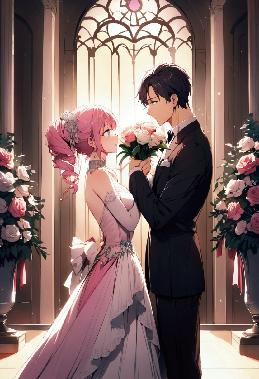 propose、A man gives a bouquet to a woman、Girl with pink hair、blue eyes、Twin Drill、A scene from a movie