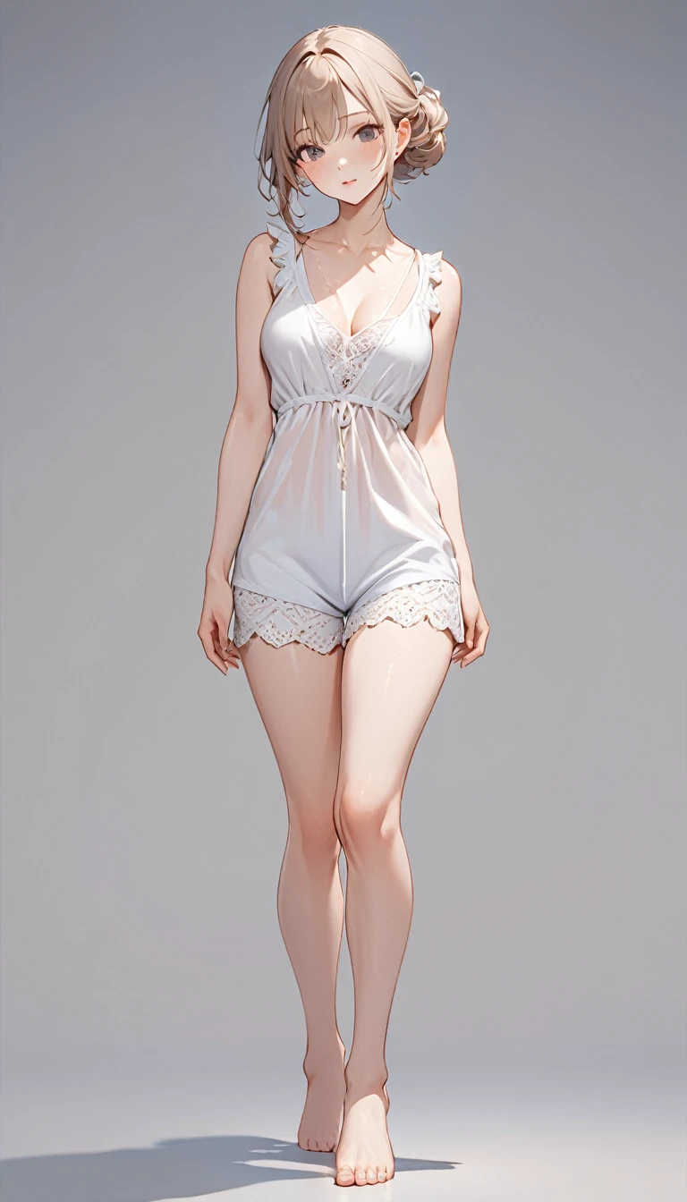 Extremely delicate full-body shot, 1girl, 独奏, Detailed and accurate body, Firm and moisturized skin texture, Clear details, Revealing facial details, barefoot, Anatomically correct hand, Casual clothing, Ultimate Quality, 