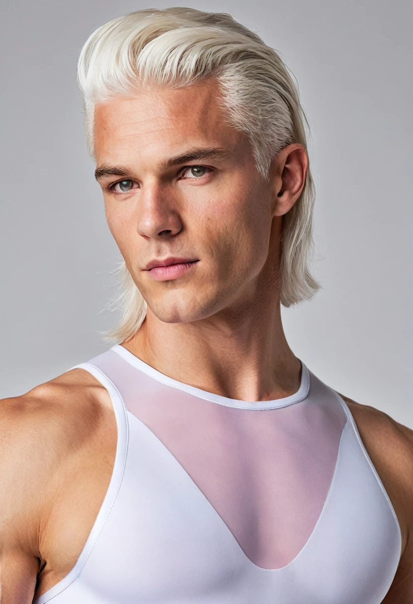 epiCRealism, score_9, score_8_up,score_7_up, close up details, portrait, realistic,
simple background, white background, solo focus.
BREAK
(1boy), mature ((male)), slim, [muscled], pink eyes, lips,
white hair, (long) hair, bangs, asymmetrical haircut, undercut.
BREAK
sidepec, leotard, skin tight, see-through leotard, chest cutout, white leotard.