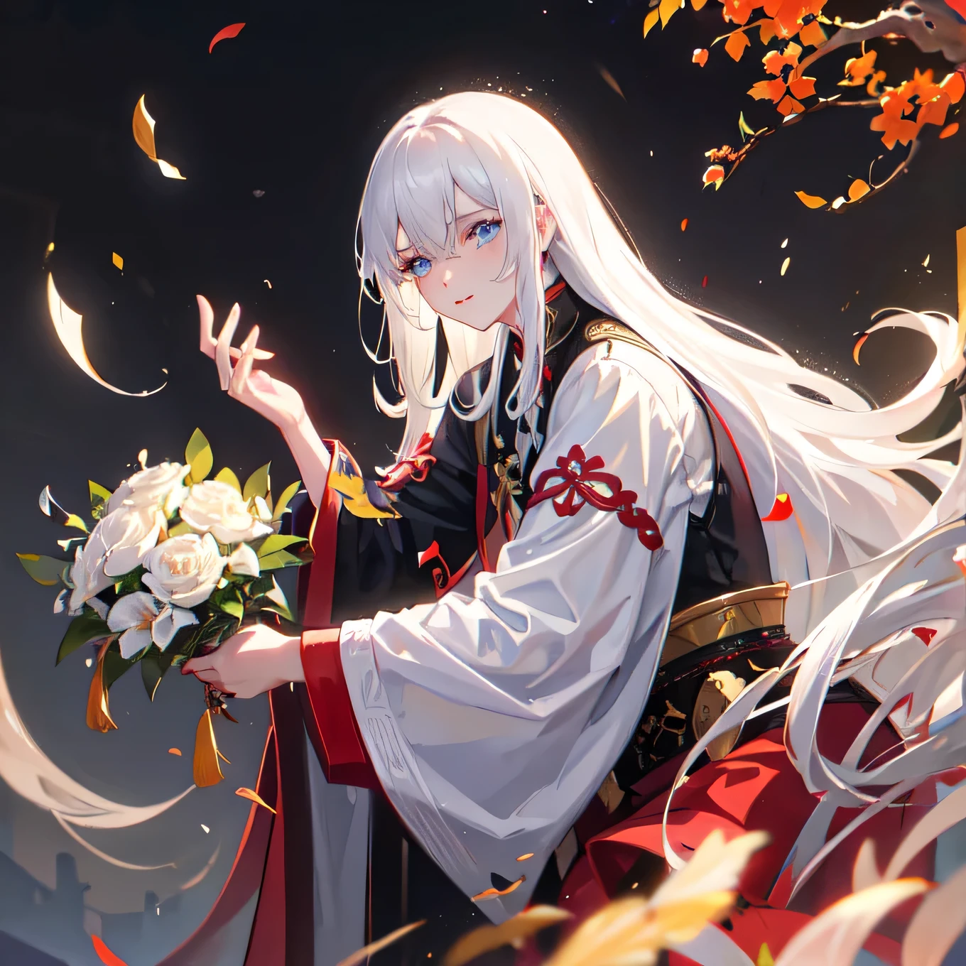 1 young man,long white hair,Traditional Chinese Shirt,Blue Eyes,decorations,leaf,looking at the audience,Hug a bouquet of flowers, 8K resolution, which is very detailed, Anatomical correction, Sharp picture, digital painting, concept art, ,It's gorgeous.,Chinese dragon horn , The dissection is correct.,and harmonious,clean color,stain,Decisive cutting,Masterpiece,Extremely detailed,grand element, High quality, highest features