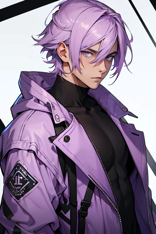 adult man, very light lilac hair in layered cut, with modern alternative clothing 