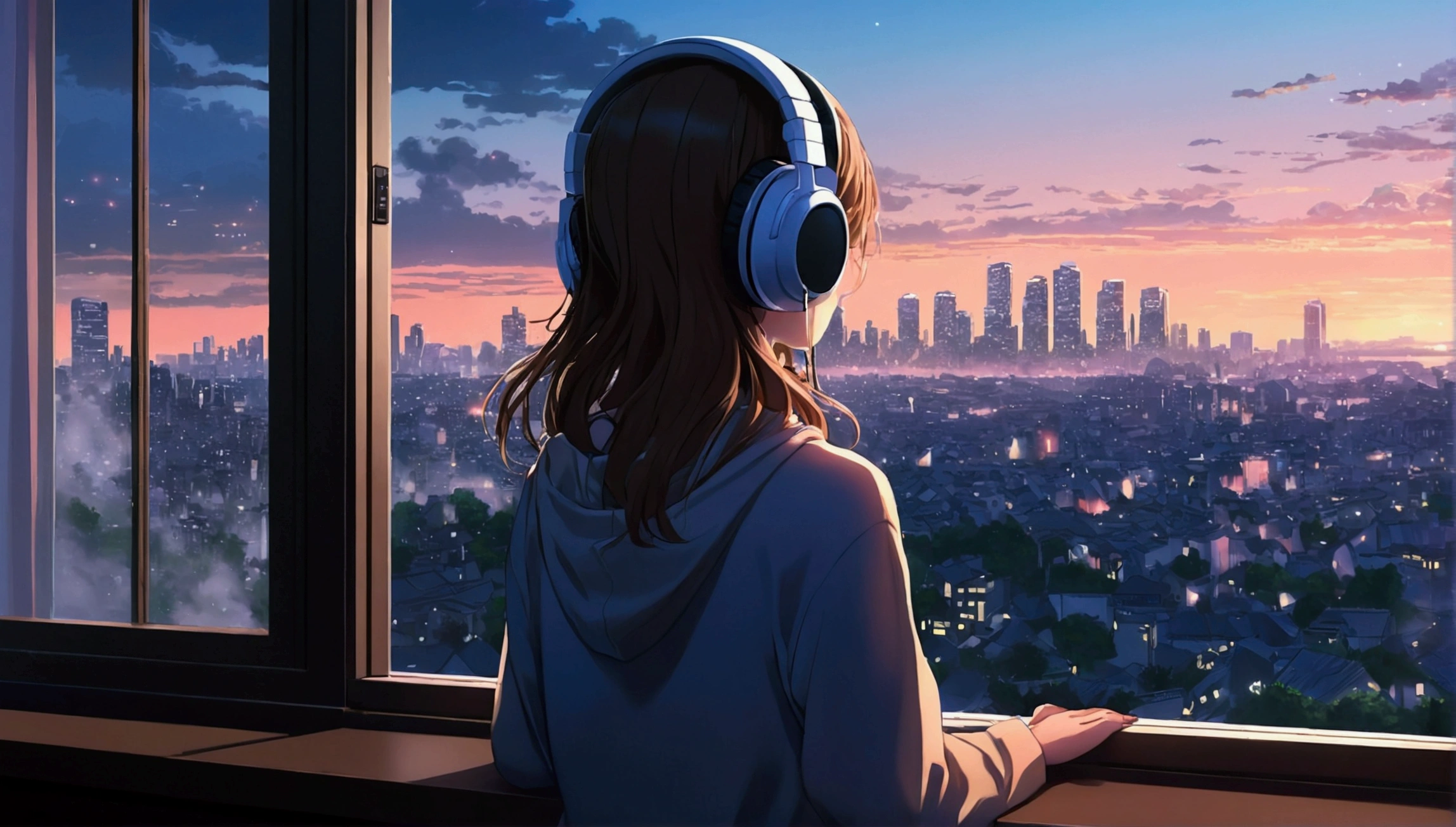 Anime girl wearing headphones looking out the window at the city, LOFI Girl, Anime atmosphere, Lofi Artstyle, Anime Style 4k, Anime Aesthetics, Nightcore, Lo-fi feeling, Lofi Art, anime art wallpaper 4k, anime art wallpaper 4k, anime wallpaper 4k, anime wallpaper 4k, An atmosphere of praise