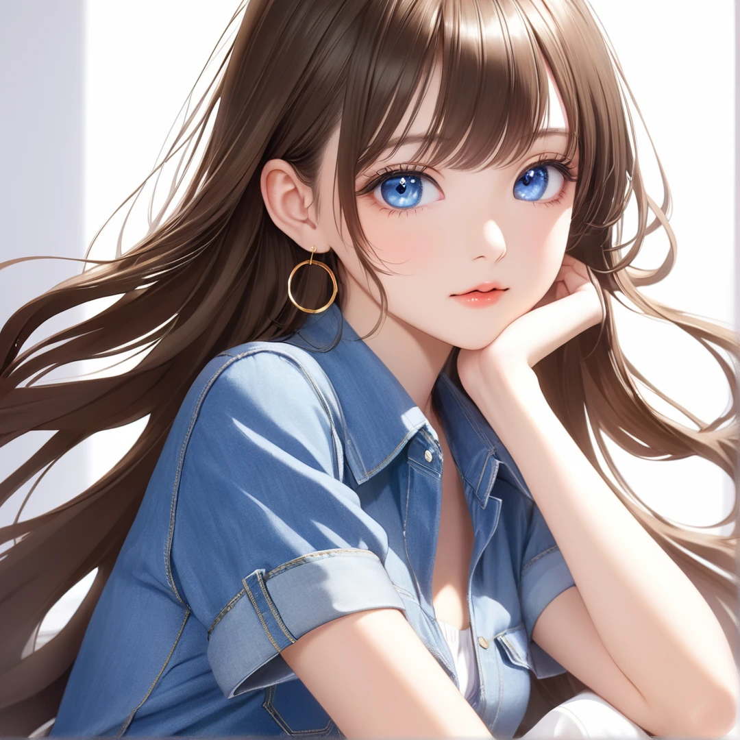 Unparalleled beauty, Shiny、Tightened、Glowing Skin, Bangs between the eyes, Shiny真っ直ぐな美しいプラチナブロンド, Super long straight silky hair, eyeliner, Sexy, beautiful and pure 14 year old, High resolution big beautiful bright blue eyes, beautiful and adorable girl, Baby Face, Short sleeve shirt, Brown long hair, denim shirt, hoop earrings, anime girl bangs,