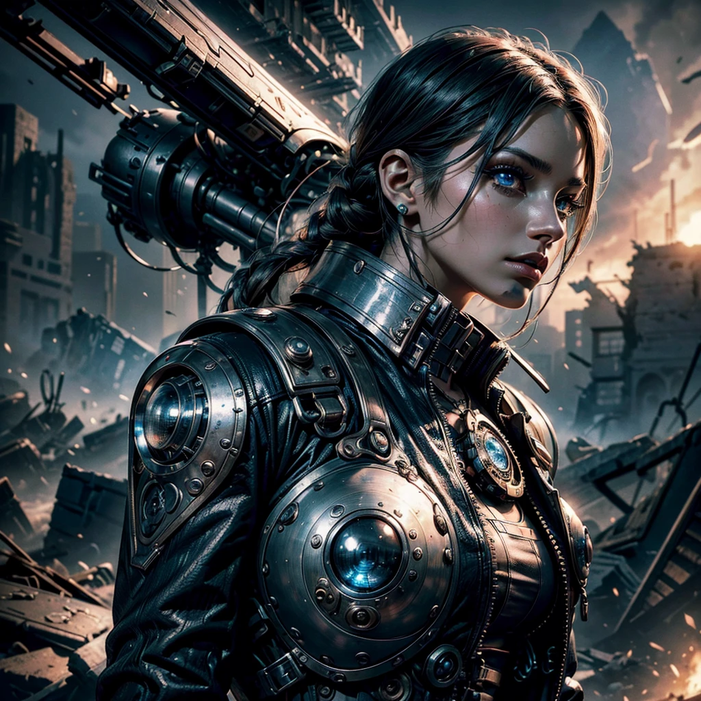 a woman in a steampunk futuristic technological uniform,highly detailed face,beautiful detailed eyes,beautiful detailed lips,extremely detailed eyes and face,longeyelashes,wandering in the rubble of a destroyed alien city,planetary landscape,destroyed alien spaceship in the background,cinematic lighting,hyper-realistic,8k,masterpiece,professional