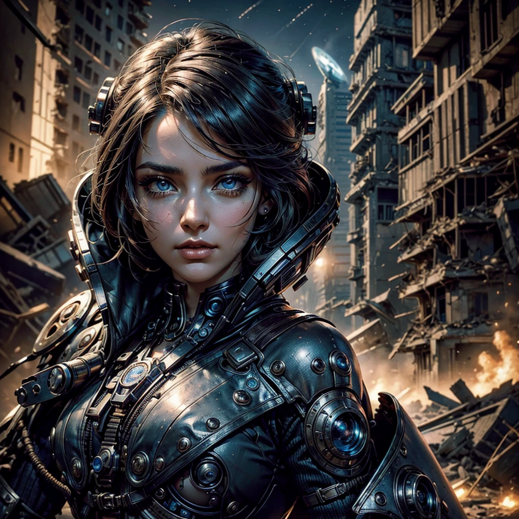 a woman in a steampunk futuristic technological uniform,highly detailed face,beautiful detailed eyes,beautiful detailed lips,extremely detailed eyes and face,longeyelashes,wandering in the rubble of a destroyed alien city,planetary landscape,destroyed alien spaceship in the background,cinematic lighting,hyper-realistic,8k,masterpiece,professional