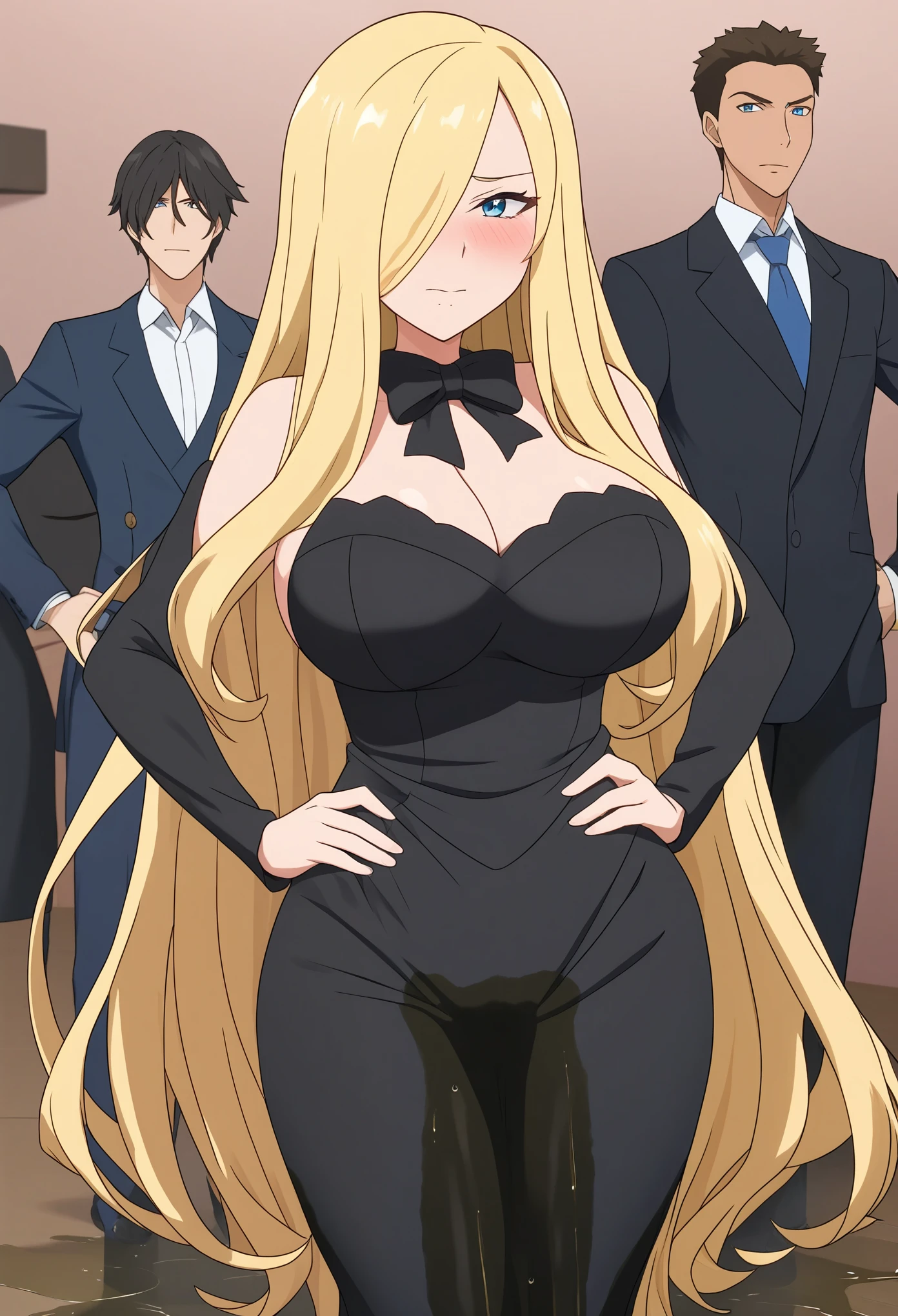 (high quality,Very detailed:1.37, High resolution), Woman, pokemoncynthia, large breasts, blonde hair, hair over one eye, long hair, blue eyes, black coat, black dress, very long dress, skintight dress, coat, looking at viewer, masterpiece, best quality, (wetting herself:1.5), (embarrassed:1.5), (humiliation:1.5), (sweating:1.25), (blushing:1.5), (standing:1.5), (hands on hips:1.5)