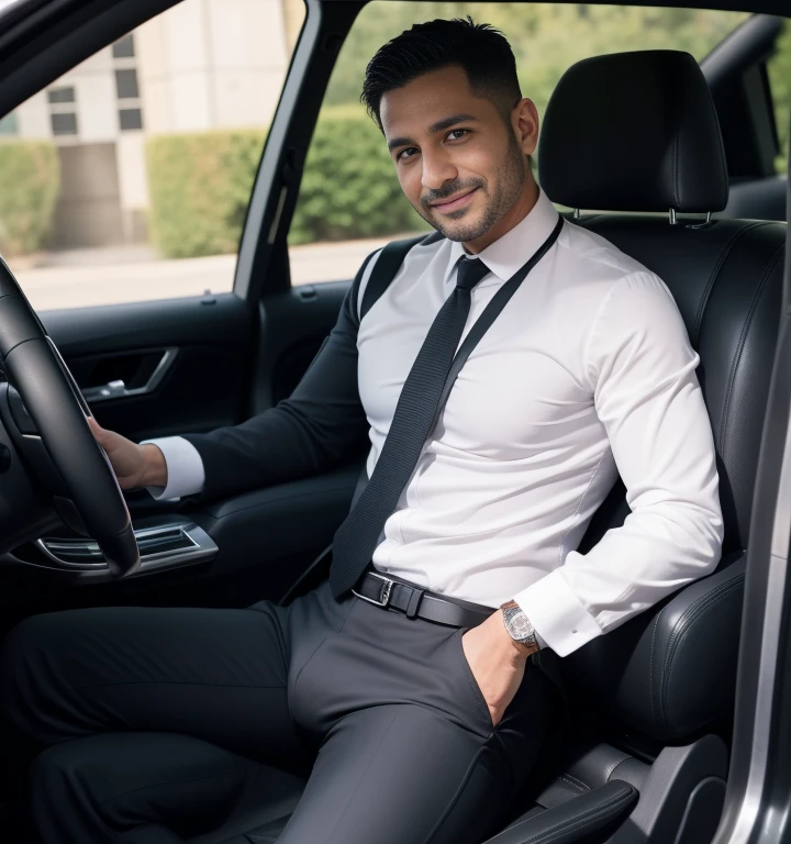 40 years old,One Man,、Iraqi　Black Suit、Inside the car、,logic,Gay ,Very short hair,Stubble,Cool handsome guy、legs wide open、The crotch area is bulging。Inflated、Hermes Belt　smile